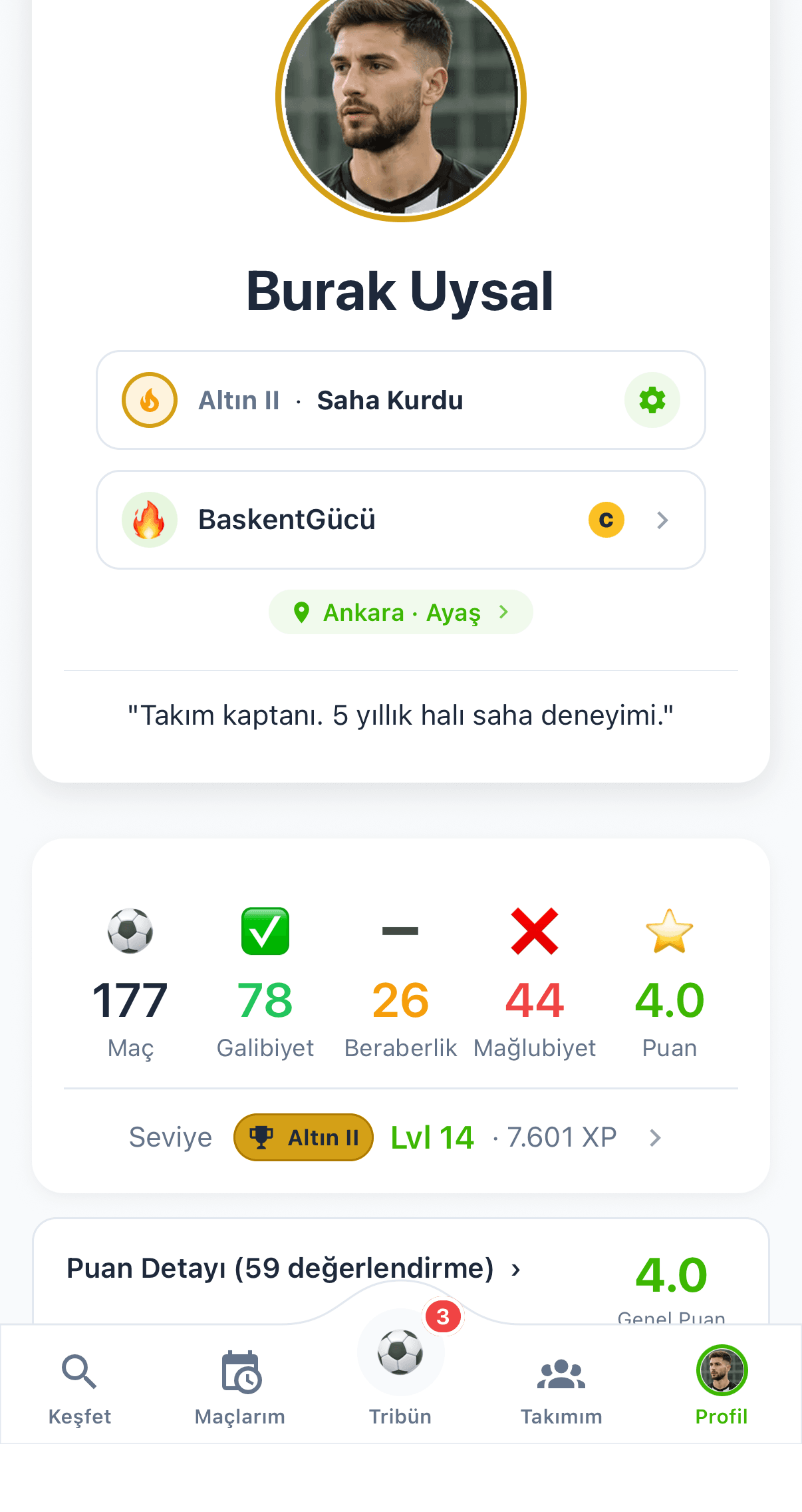 HalıSaha+ uygulaması — oyuncu profili: maç istatistikleri, puan, seviye ve XP
