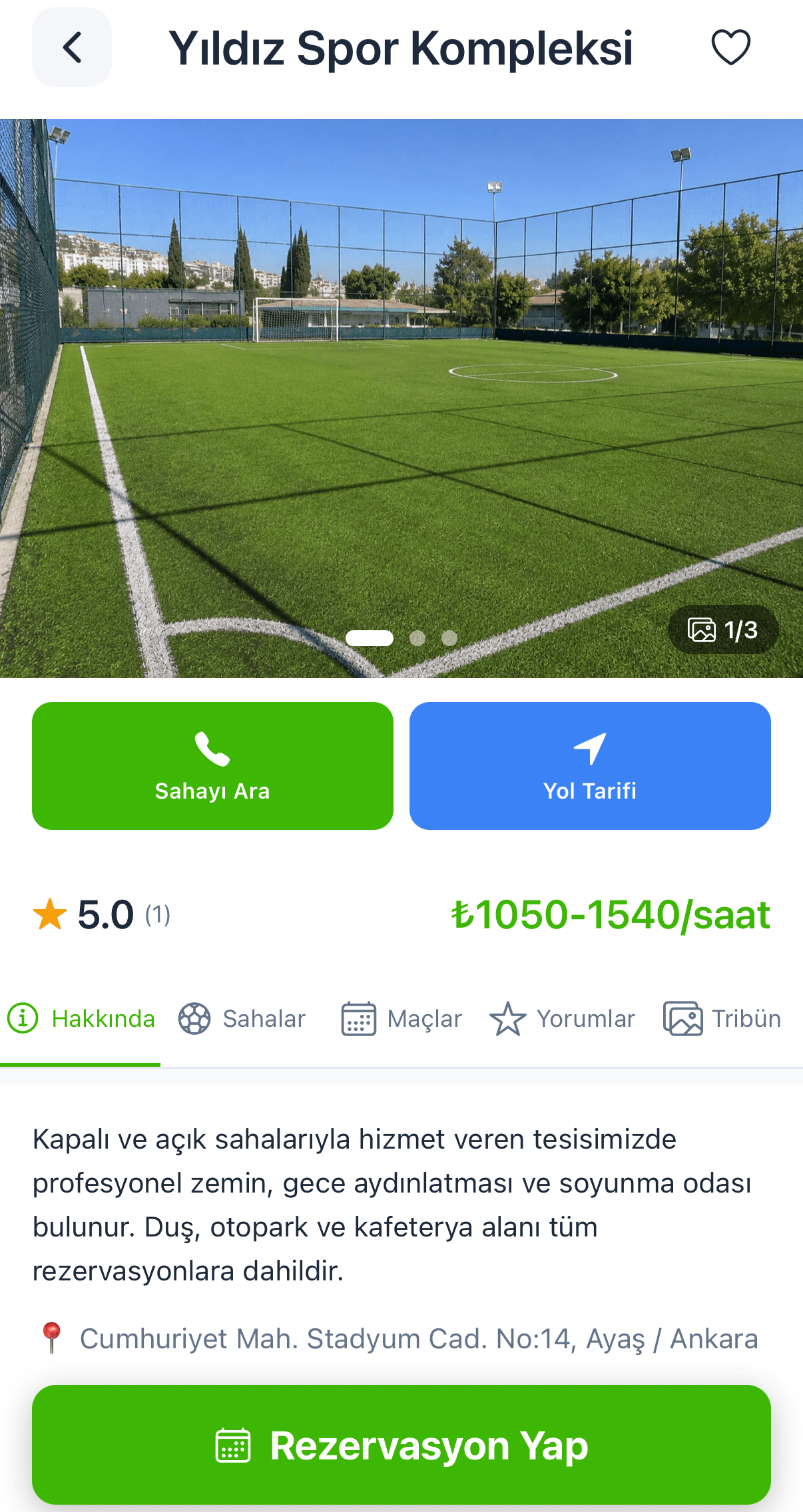 HalıSaha+ uygulaması — halı saha detayı: fotoğraflar, puan, saatlik fiyat aralığı ve rezervasyon butonu